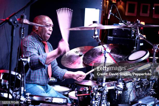 American jazz drummer Billy Cobham performs live on stage at Ronnie Scott's Jazz Club in Soho, London on 3rd February 2014.