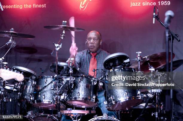 American jazz drummer Billy Cobham performs live on stage at Ronnie Scott's Jazz Club in Soho, London on 3rd February 2014.