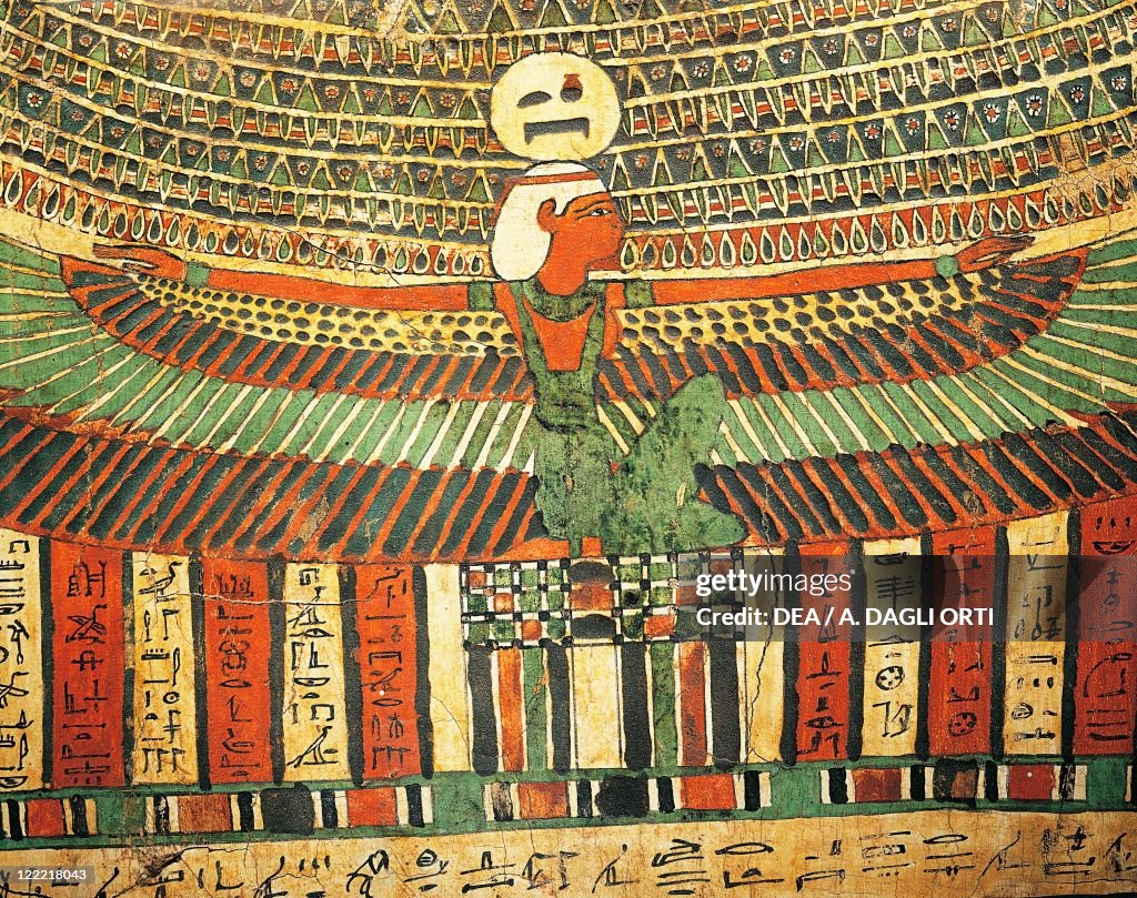 Plastered and painted wood depicting goddess Nut protecting false door leading to afterlife, from Sarcophagus of Tashakheper, Thebes