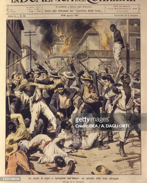 United States of America, 20th century - Race riot in Springfield, Illinois, a white mob hunt for black men. Cover illustration from La Domenica del...