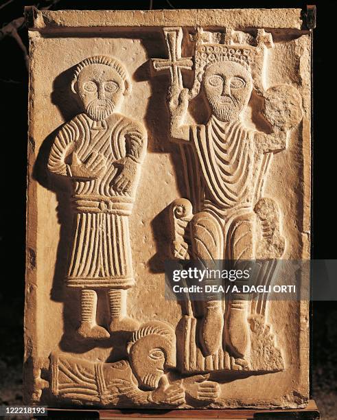 Croatia, Salona, Solin, Bas-relief portyaing Emperor Constantine I sitting on throne, holding Christian symbols, constantinian dynasty, imperial age.