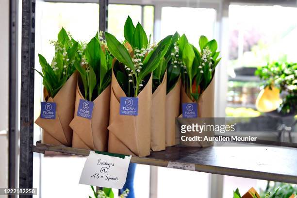View of Lily of the Valley orders ready for delivery in celebration of Labor Day during the Coronavirus pandemic on May 01, 2020 in La Celle Saint...