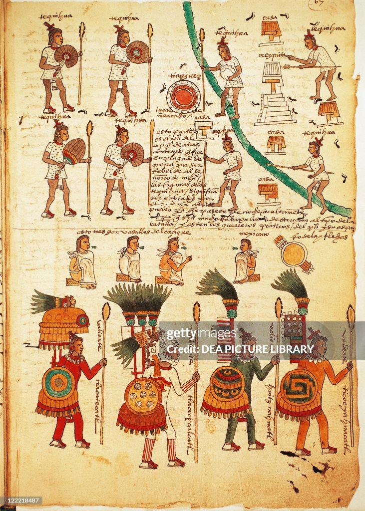 Reproduction of page Codex Mendoza with illustration of Aztec warriors armed with lances and shields, 16th Century