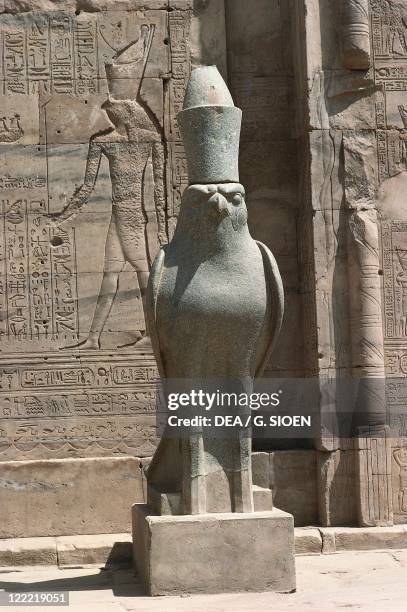 Egypt - Edfu. Ptolemaic era . Temple of Horus. Pronaos, statue of God Horus as falcon wearing the double crown of Egypt.