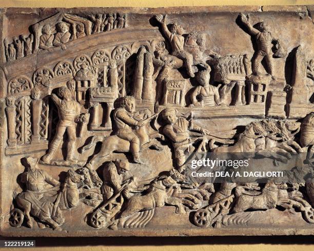 Roman civilization, 1st century b.C. Relief portraying the Circus Maximus during the games. Detail.