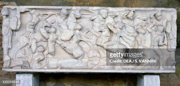 Roman civilization, late 2nd century A.D. Rectangular sarcophagus with the battle between Romans and Barbarians.