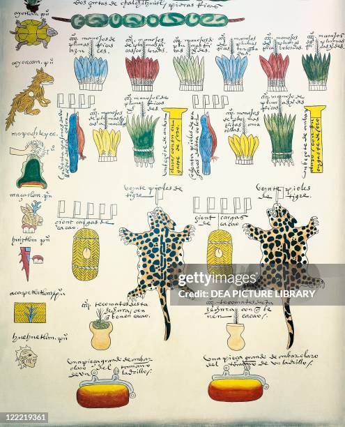 Mexico, 16th century. Codex Mendoza. Reproduction of a page with illustration of taxes paid to Aztec rulers by subject peoples.