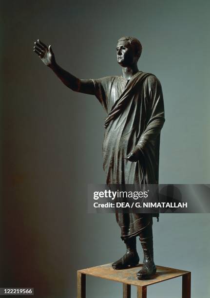 Etruscan civilization, 1st century b.C. Lost wax cast bronze statue of orator , circa 80 b.C., from Pila .