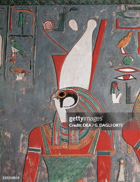 Egypt - Luxor - Ancient Thebes Valley of the Kings, Tomb of Horemhab: wall painting depicting the God Horus .