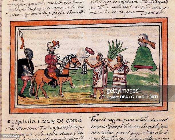 Manuscript, Mexico, 16th century. Diego Duran - 'History of the Indians' - Cortes being welcomed by Indians to the beating of drums. Miniature.