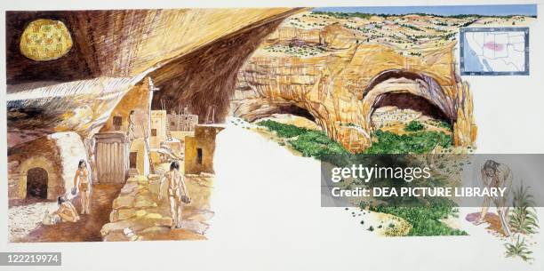 Amerindian civilizations - Mesa Verde Canyon; map showing ancient Pueblo people territory ; native Puebloan working the land. Color illustration.