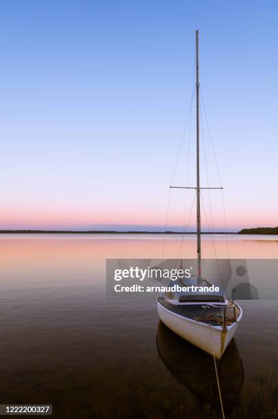 sailing boat in arcachon bay at sunset, audenge, gironde, france - être ancré photos et images de collection