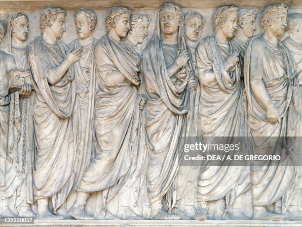 Roman civilization,1st century b.C. Rome. Augustae Ara Pacis, built between 13 and 9 b.C. To celebrate the peace of Augustus. Relief of the...