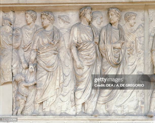 Roman civilization,1st century b.C. Rome. Augustae Ara Pacis, built between 13 and 9 b.C. To celebrate the peace of Augustus. Relief of the...