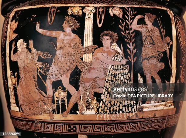 Greek civilization, 5th century b.C. Red-figure pottery. Krater portraying Eumenides of Aeschylus's tragedy. Apollo defends Oreste from the Fury.