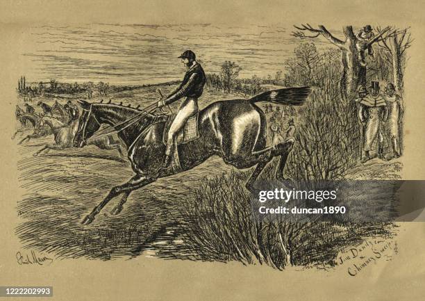 stockillustraties, clipart, cartoons en iconen met victoriaanse steeplechase paardenrace, jim dandy en schoorsteenveger, 19e eeuw - military