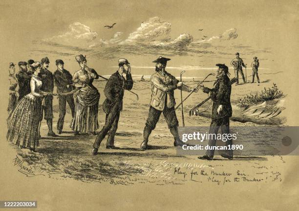 victorians playing a game of golf, golfer heckling his opponent - vintage golfer stock illustrations