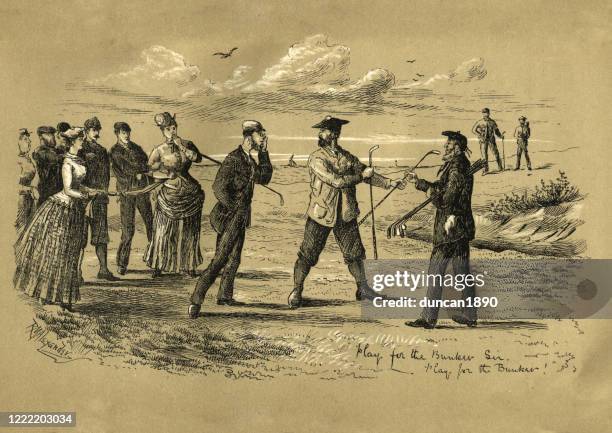 victorians playing a game of golf, golfer heckling his opponent - scotland golf stock illustrations