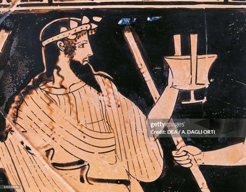 Italy, Val Trebbia, Spina, Detail of Dionysus from red-figure Attic krater, painted by the painter of the Niobides, 460 B.C.