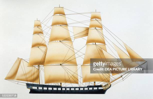 Naval ships - United States Navy frigate USS Constitution, 1797. Color illustration.