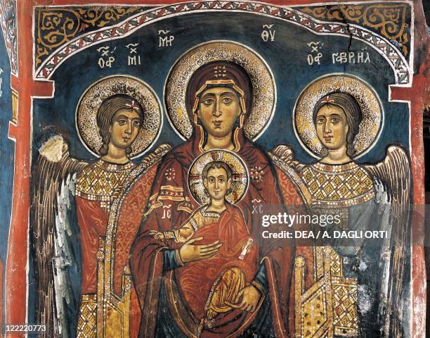 Cyprus - Troodos Mountains. Bizantine Church of Panayia tis Asinou . 12th century. The Virgin Mary and Child between Archangels Michael and Gabriel....