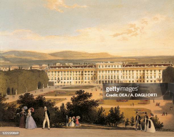 Austria - 19th century. Schonbrunn Palace . View of imperial residence. Coloured print.