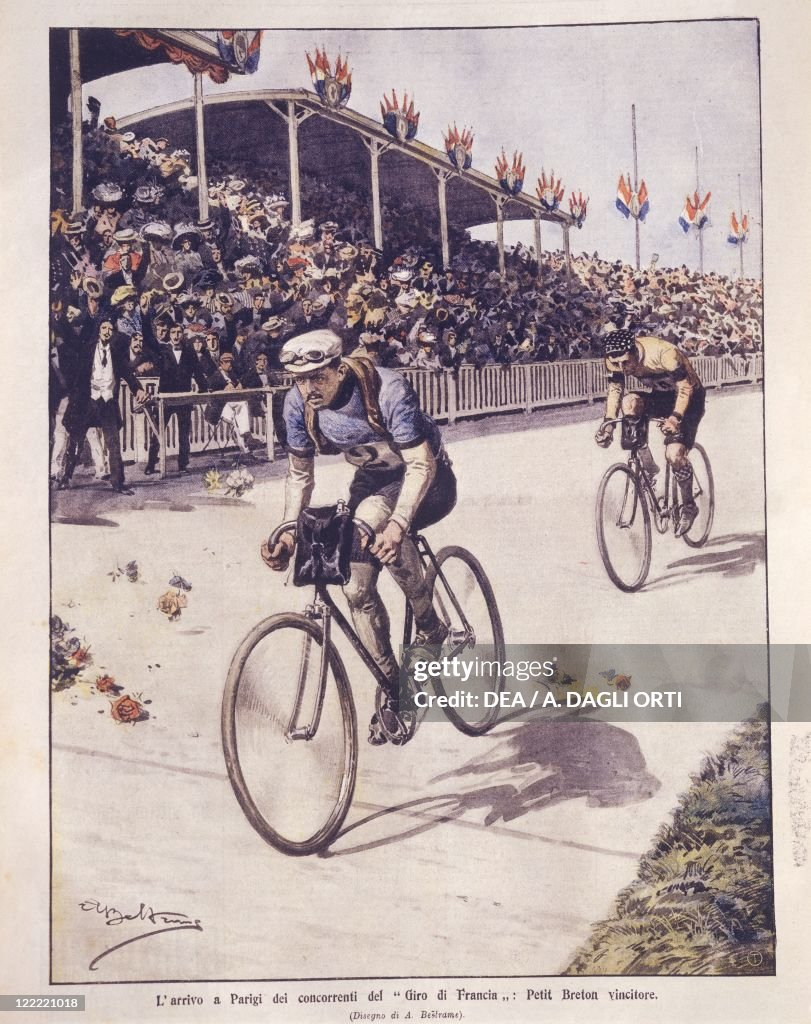 Cover illustration of Tour de France riders arrival, with Petit-Breton winner; Paris, France