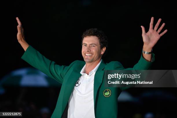 Adam Scott of Australia celebrates in his green jacket after winning the 2013 Masters.