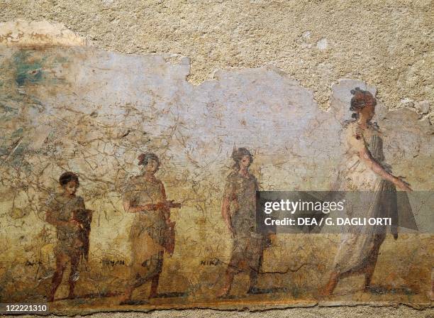 Roman civilization, 1st century b.C. Funerary fresco of doctor Patron. From Porta Capena at Rome. Detail: procession of his wife and children.