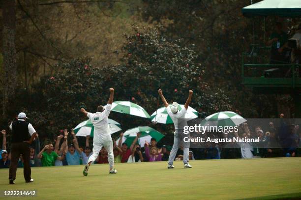 Adam Scott of Australia celebrates his winning putt on a playoff at No. 10 during Round 4 of the 2013 Masters.