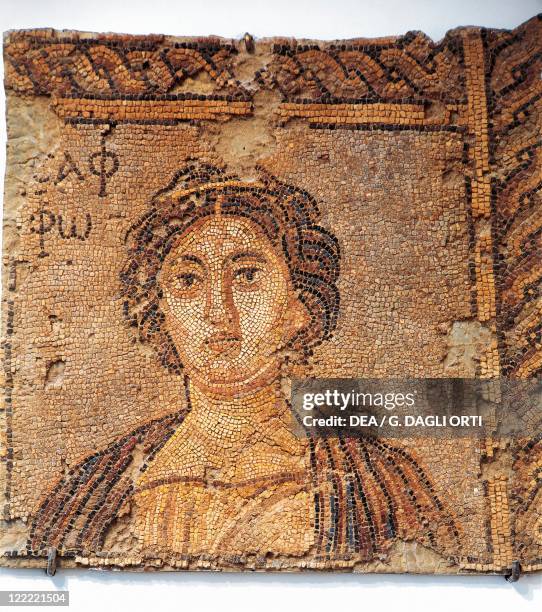 Greek civilization 3rd-4th century A.D. Fragment of mosaic depicting the poetess Sappho.