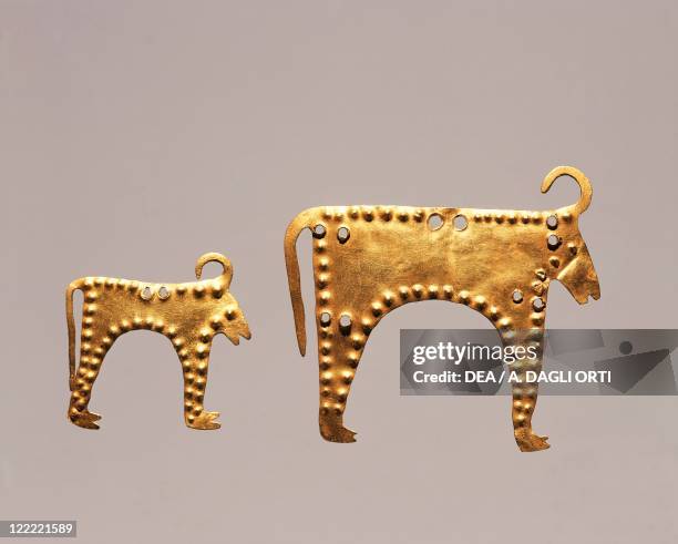 Prehistory, Bulgaria, Aeneolithic - Gold leaf with animal figures from excavations at Varna, tomb 36.