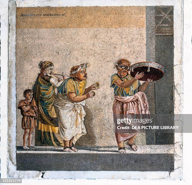 Roman civilization, 2nd century b.C. Mosaic depicting a scene from a comedy by Menander, The Possessed Girl: itinerant musicians, 43x41 cm. From...