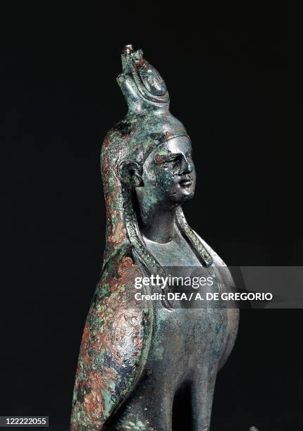 Roman civilization. Bronze statue depicting a bird with a human head. From Valle d'Aosta Region, Italy. Detail.