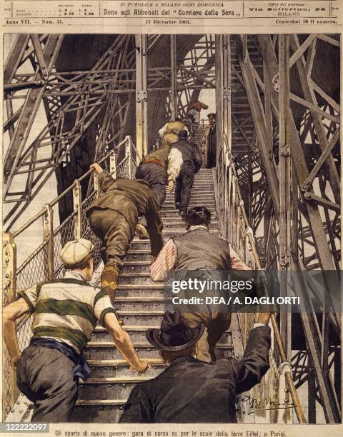 France, 20th century - New sports: running race up the stairs of the Tour Eiffel in Paris. Cover illustration from La Domenica del Corriere, Sunday...