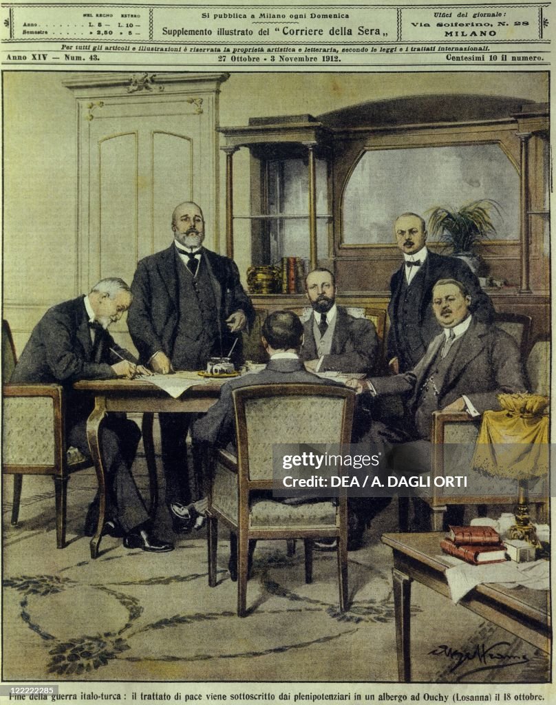 Italo-Turkish or Libyan war (1911-1912), The end of the war: plenipotentiaries sign peace treaty of Lausanne, October 27, 1912, illustration
