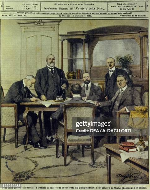 Italo-Turkish or Libyan war - The end of the war: plenipotentiaries sign peace treaty of Lausanne. Cover illustration from La Domenica del Corriere,...