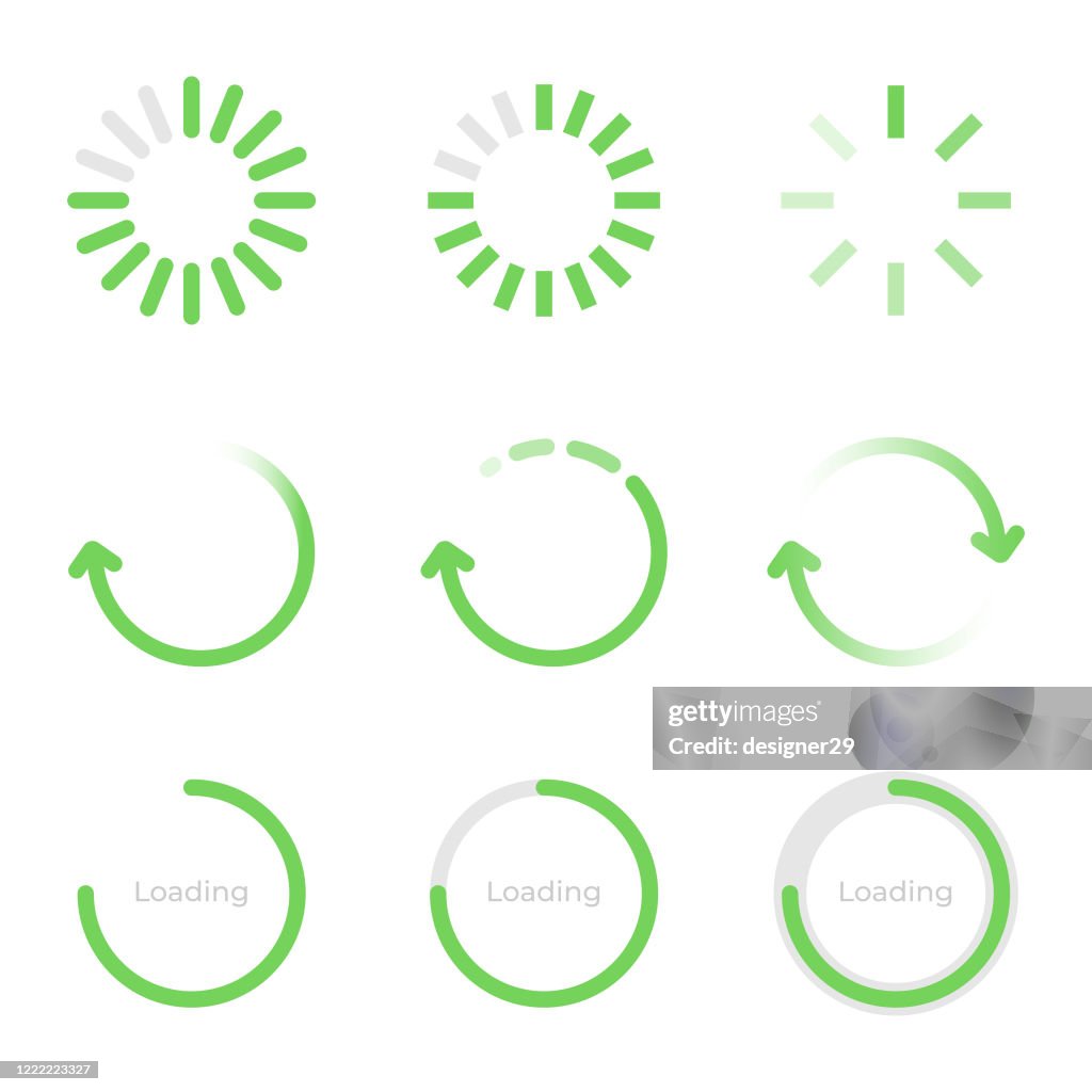 Laden Indikator Icon Set Flat Design auf weißem Hintergrund.