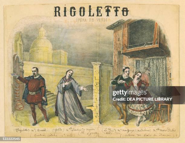 Giuseppe Verdi . "Rigoletto". Lithograph depicting final act famous quartet at the premiere at Theatre Lyrique du Chatelet on December 24, 1863.