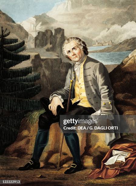 Switzerland - 18th century. Jean-Jacques Rousseau persecuted and without asylum, in exile in Switzerland. Engraving by Charon.