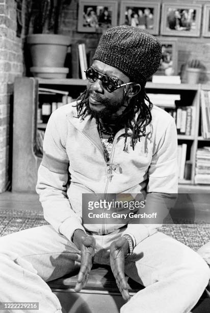 View of Jamaican Reggae musician Peter Tosh during an interview at MTV Studios, New York, New York, June 19, 1983.