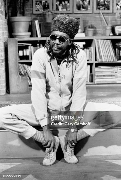 View of Jamaican Reggae musician Peter Tosh during an interview at MTV Studios, New York, New York, June 19, 1983.