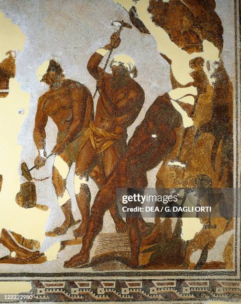 Tunisia, Dougga, Mosaic work depicting the Cyclops forging the Zeus thunderbolts in the Vulcan cave.