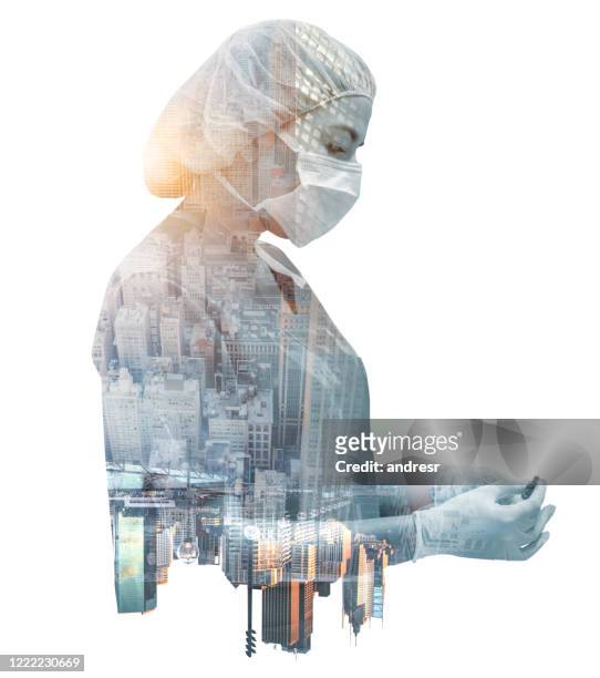 doctor working in new york during the covid-19 pandemic - multiple exposure stock pictures, royalty-free photos & images