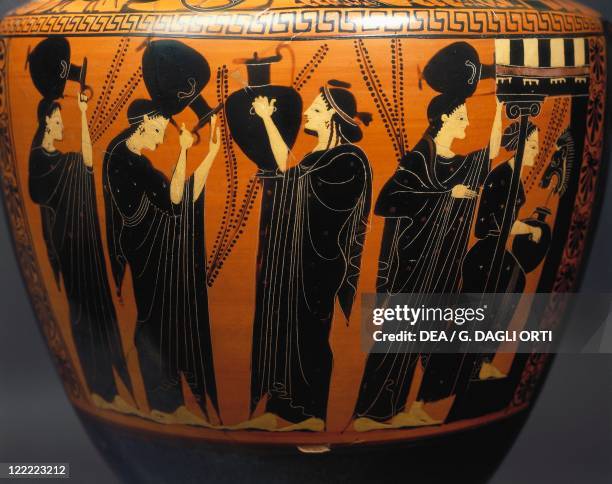 Greek civilization, 6th century b.C. Black-figure pottery. Attic amphora from Vulci, Latium region, Italy. Detail: women with amphorae at the...