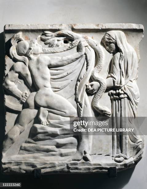 Roman civilization, 2nd century A.D. Fragment of marble sarcophagus with relief showing Medea helping Jason to win the Golden Fleece.