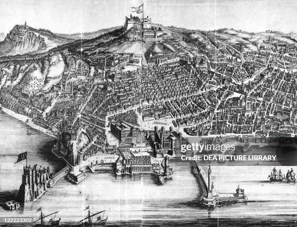 Italy, Naples, map and front view with Castel Nuovo, engraving.