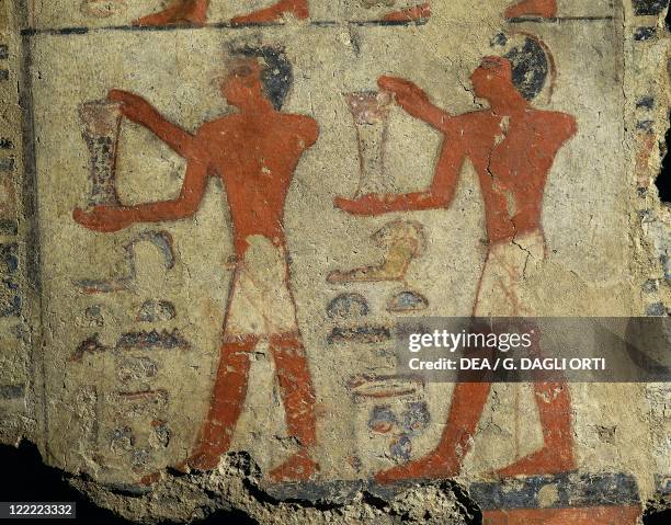 Egyptian civilization, Old Kingdom, Dynasty V. Fragment of wall painting depicting transport of ointments, from the tomb of Metchetchi at Saqqara.