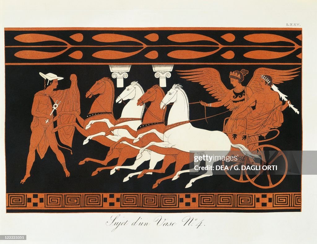 Scene from ancient Greek vase with Heracles on a quadriga driven by Nike, goddess of Victory, with Hermes standing before them by Piringer (after Greek original), engraving