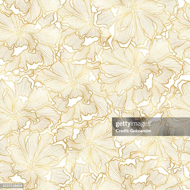 ilustrações de stock, clip art, desenhos animados e ícones de hand drawn gold foil peony flower seamless pattern background. elegant design element for greeting cards (birthday, valentine's day), wedding and engagement invitation card template. - daffodil